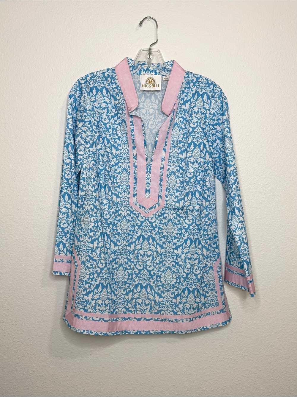 NicoBlu Blue & White Floral Tunic with Pink Trim, Medium, Like New
